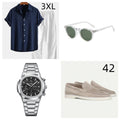 Casual cotton linen summer suit in navy blue with short sleeves and matching shorts, includes glasses shoes watch