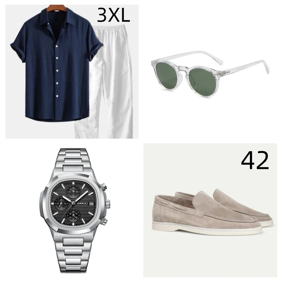 Casual cotton linen summer suit in navy blue with short sleeves and matching shorts, includes glasses shoes watch