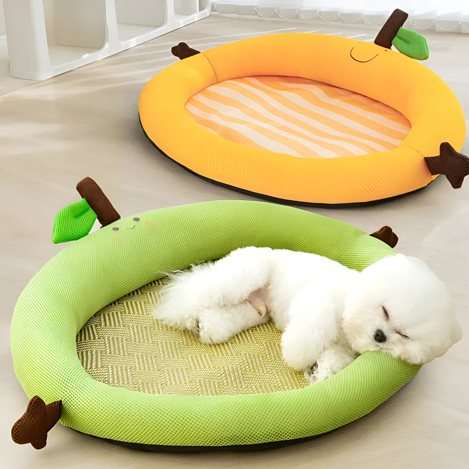 Green fruit-shaped pet nest with a raised backrest edge for dogs and cats on a wooden floor.