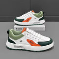 Men's white and black casual shoes with round toe and artificial PU upper.