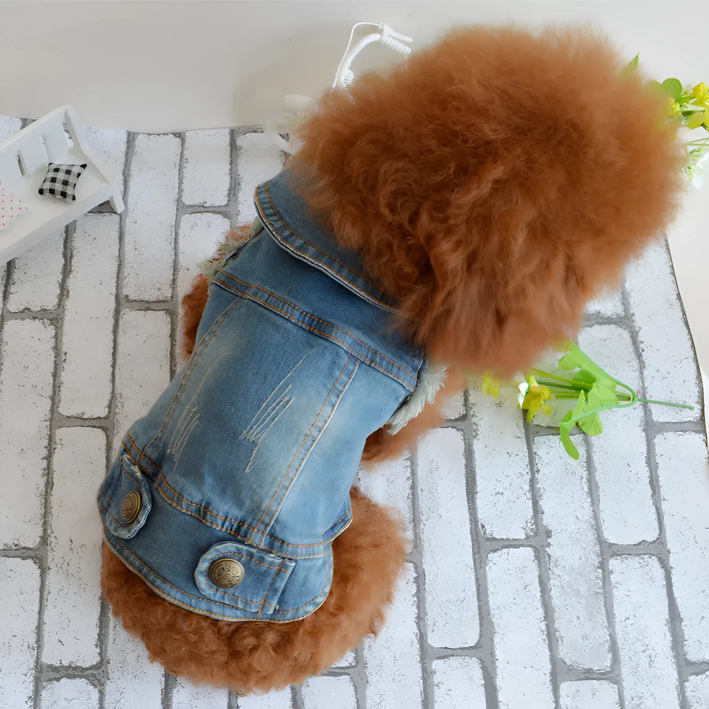 Retro scratch pattern denim dog vest for small breeds in dark and light wash options