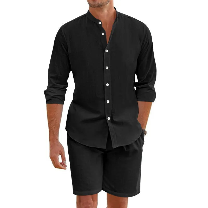 Men's dark grey linen-blend summer suit with short-sleeve lapel shirt and drawstring shorts on a hanger