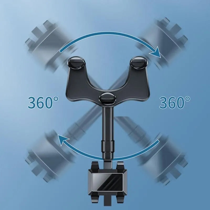 Black rearview mirror car phone holder showing adjustable arm and universal four-claw phone grip.