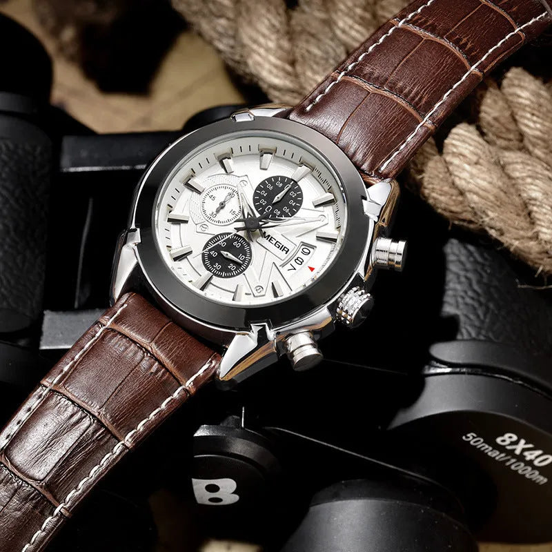 Men's three eyes chronograph watch with quartz movement, waterproof and luminous features in brown or black