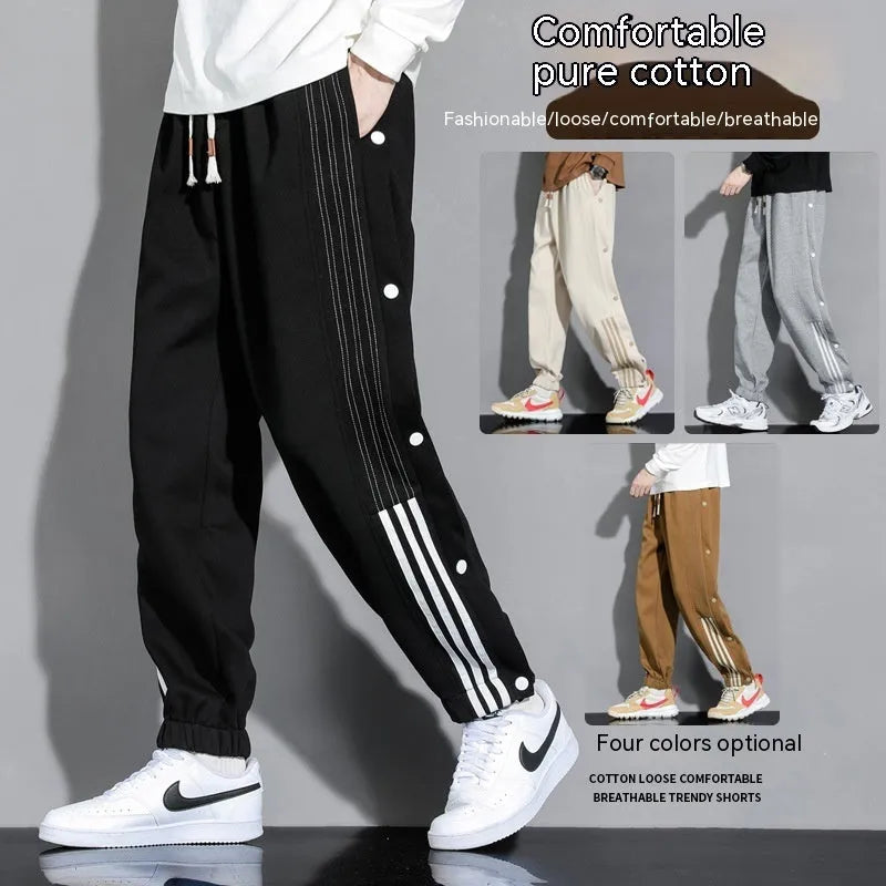 Men's black cotton blend sweatpants with belt and loose fit design for autumn sports wear