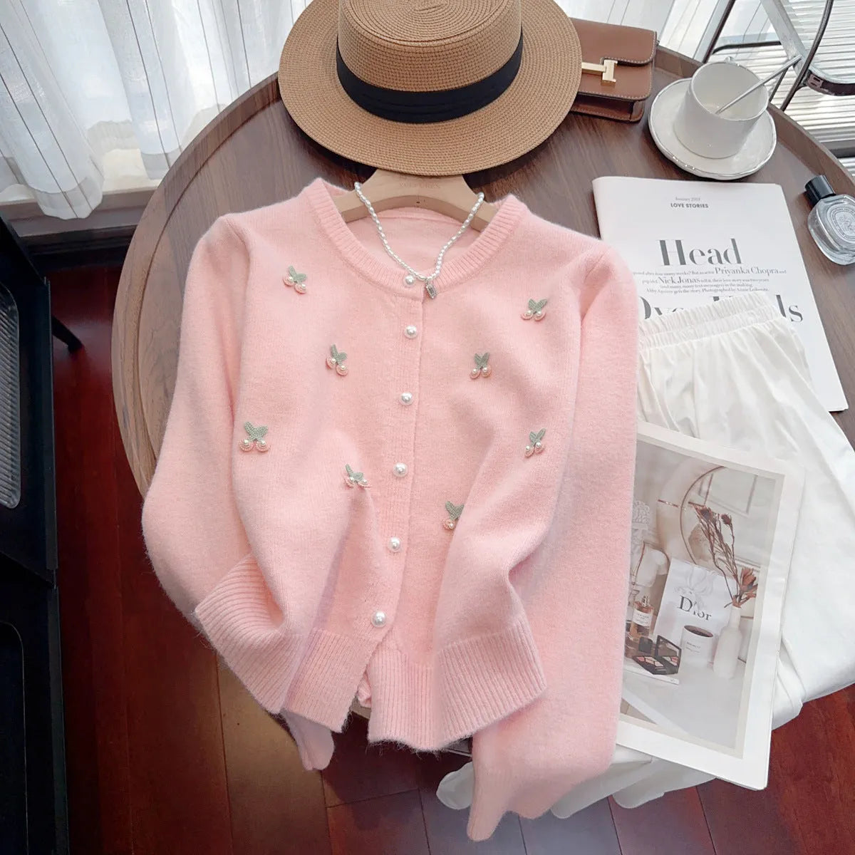 Women's pink cashmere blend cardigan coat with beaded details, shown open in a slim fit.