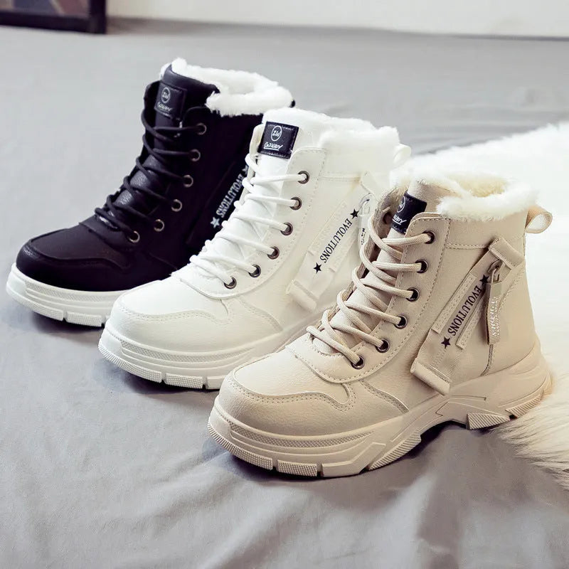 Women's tall black plus size snow boots with lace-up front and fleece lining on a white background