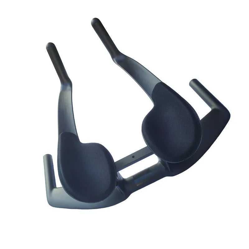 Black carbon fibre time trial bicycle handlebar with aerobar extensions, shown from the side.