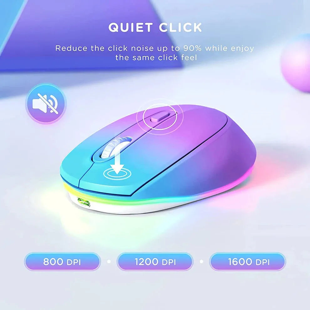24g lightweight wireless ergonomic mouse for laptops in one of seven colour options, shown with its USB charging cable.