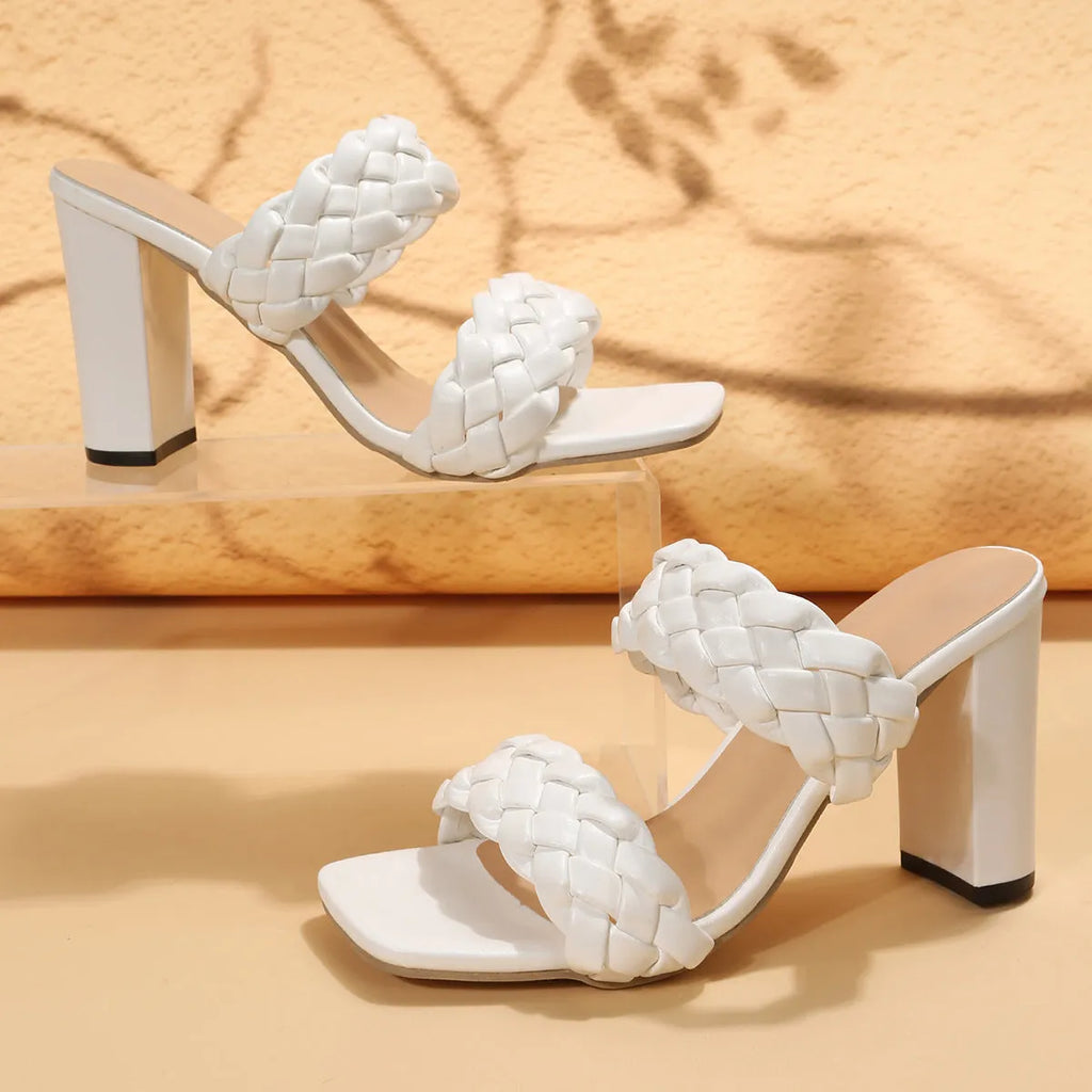 Women's white square toe flip-flops with chunky heel and woven twisted PU upper