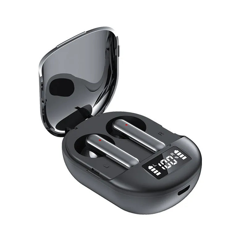 Black and white wireless Bluetooth headset with digital display screen and compact charging case