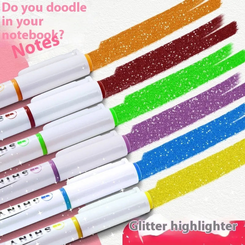 Set of four glitter highlighter pens with slanted tips in six colours including taro puff and mung bean smoothie.