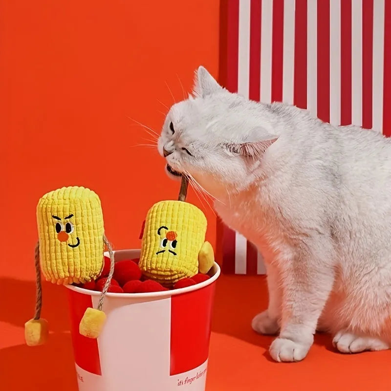 Polio wood corn cob shaped chew toy for cats on a white background