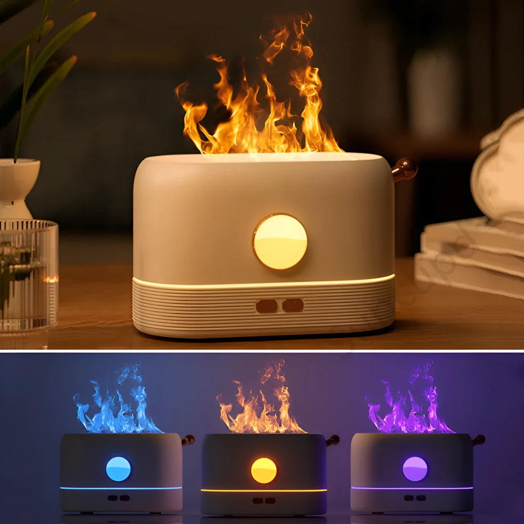 Black USB desktop humidifier with LED flame effect and water tank on a wooden desk.