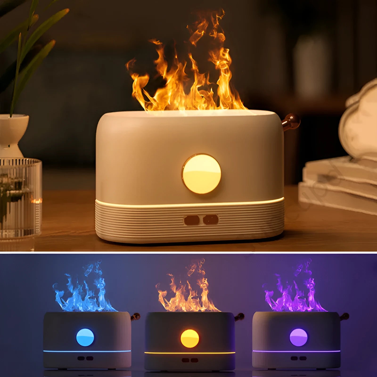 Black USB desktop humidifier with LED flame effect and water tank on a wooden desk.