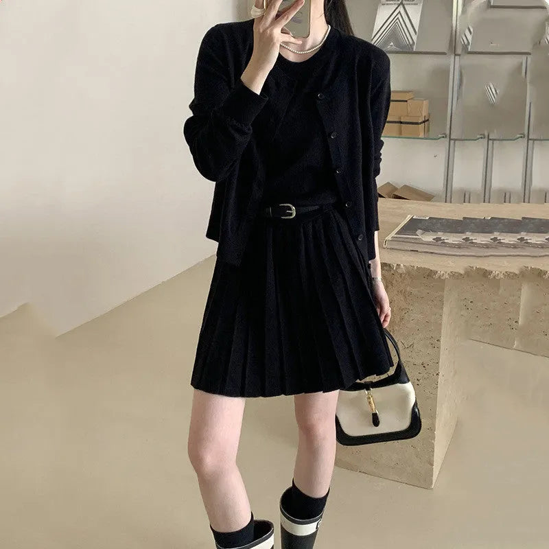 Women's grey art retro knitted vest skirt and long sleeve cardigan two-piece set with belt detail