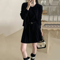 Women's grey art retro knitted vest skirt and long sleeve cardigan two-piece set with belt detail