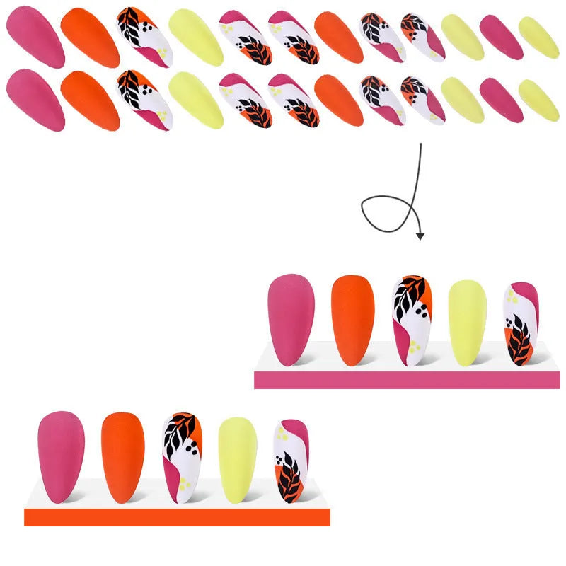 Wear Armour medium almond armour frosted nail stickers showing four patterns: French colourful leaves, colourful plating, star flash macaron, gradient leopard print