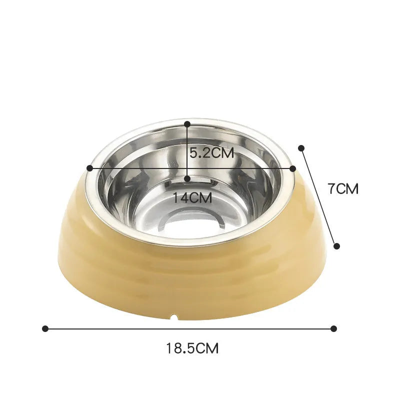 Stainless steel cat bowl in plastic base available in beige, brown, and light green colours