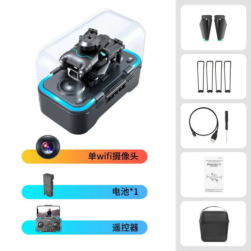 Black four-axis aerial drone with propellers and dual camera system on a compact plastic body.