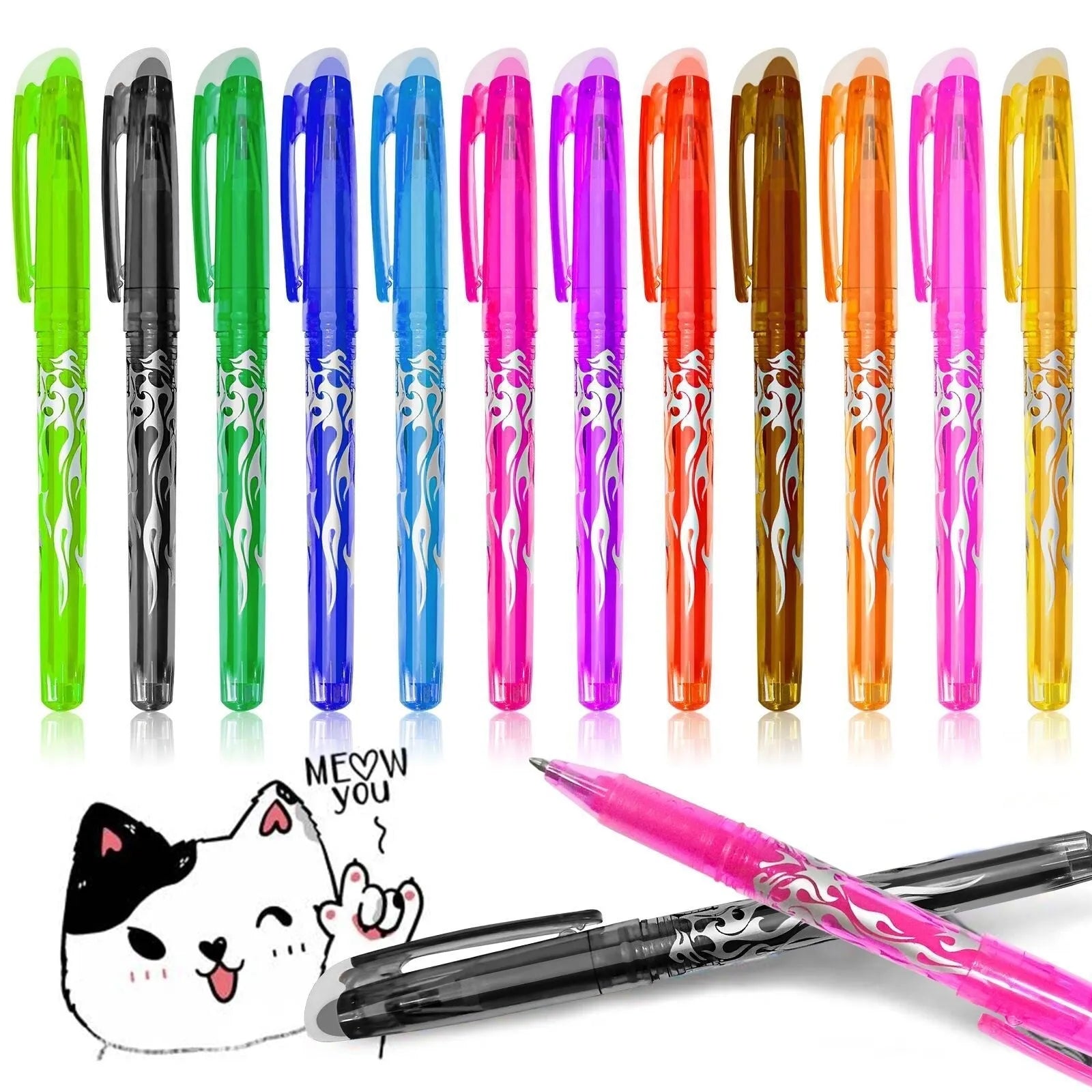 Heat-erasable gel pens with plastic shells and stainless steel nibs in multiple colours for office use