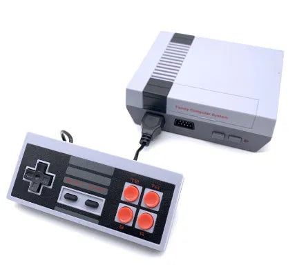 Retro NES game console with two controllers on television stand showing classic gaming interface
