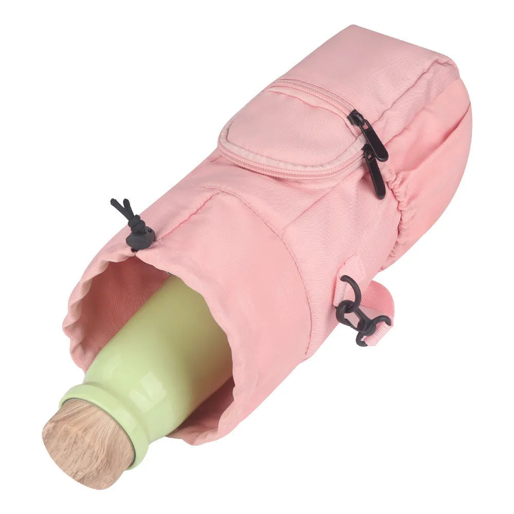 Cloth water bottle pouch with crossbody strap in black, green, and pink colour options