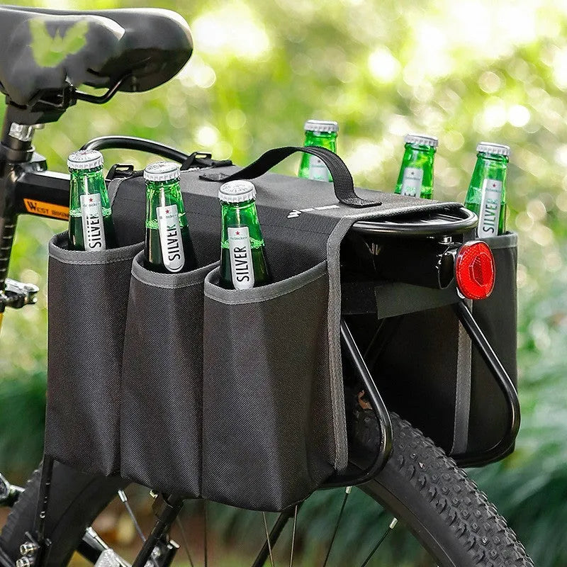 Black bicycle drink storage bag mounted on handlebars showing double-sided design and 2 litre capacity