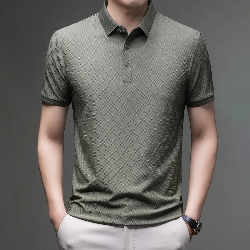Rhombus thin ice silk short sleeve t-shirt in black with V-neck and side slit detailing