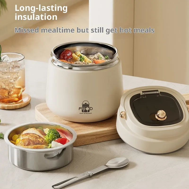 304 stainless steel extra long insulated lunch box in beige with utensils and thermal bag