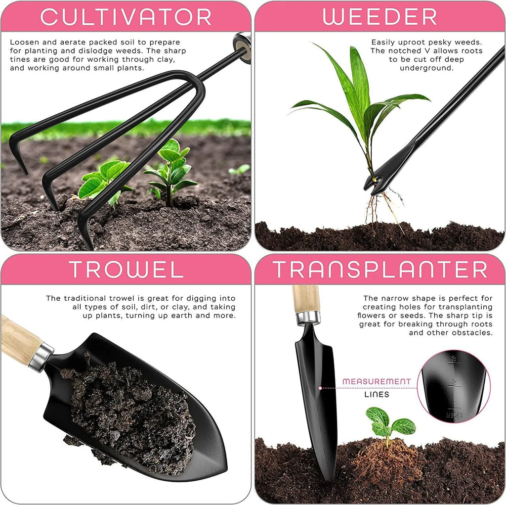 CG2001 stainless steel garden tool set of eight pieces including trowel, rake and fork on a garden background.