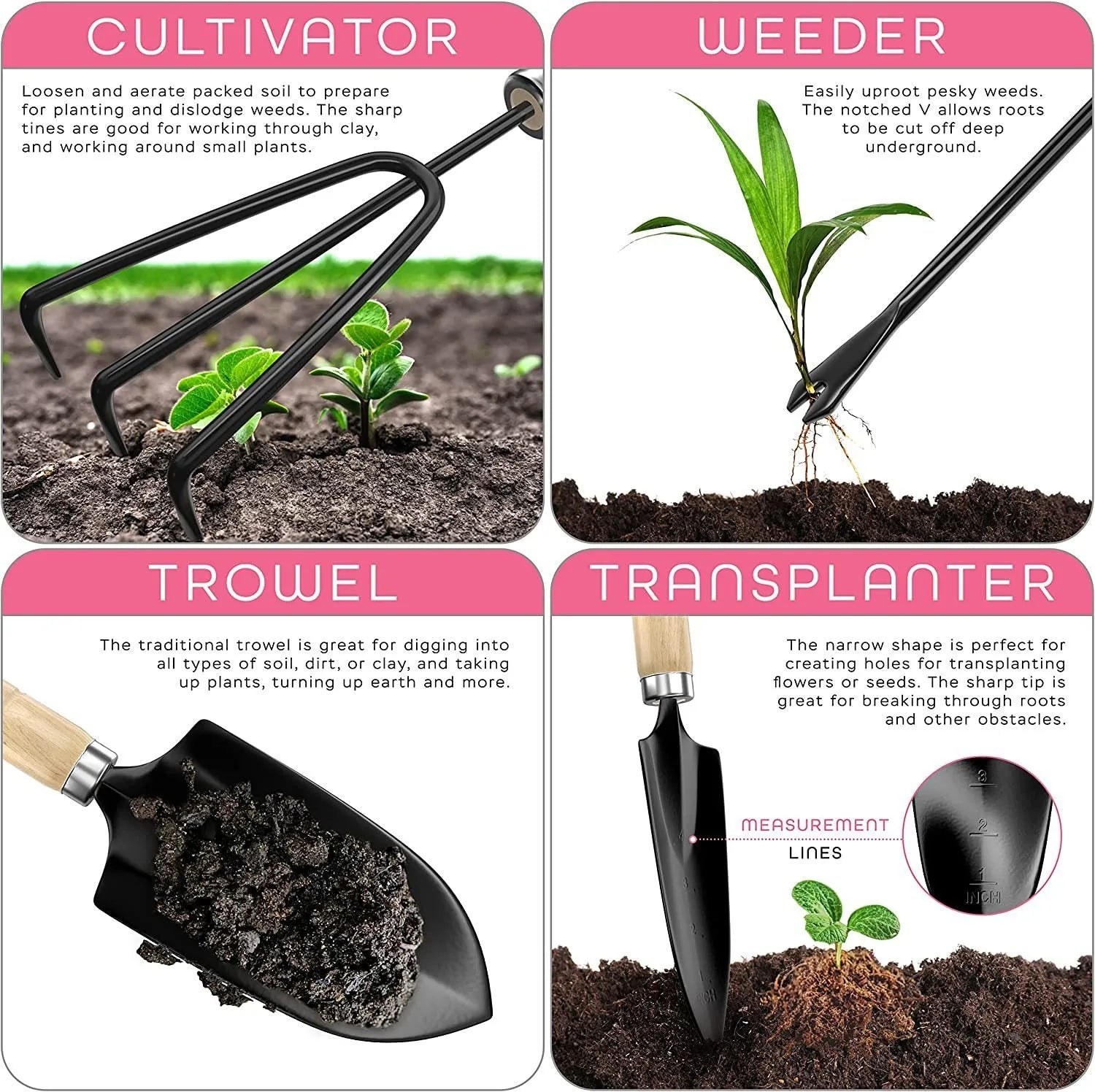 CG2001 stainless steel garden tool set of eight pieces including trowel, rake and fork on a garden background.