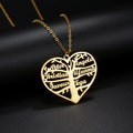 Custom engraved women's necklace with hollow heart and tree pendant on an adjustable chain.