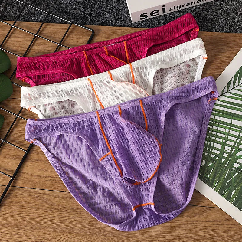 Men's ice silk lace low-waist briefs in solid colours: black, white, green, rose red, and light purple.