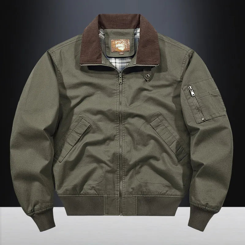 Men's plus size washed cotton baseball flight jacket in army green.