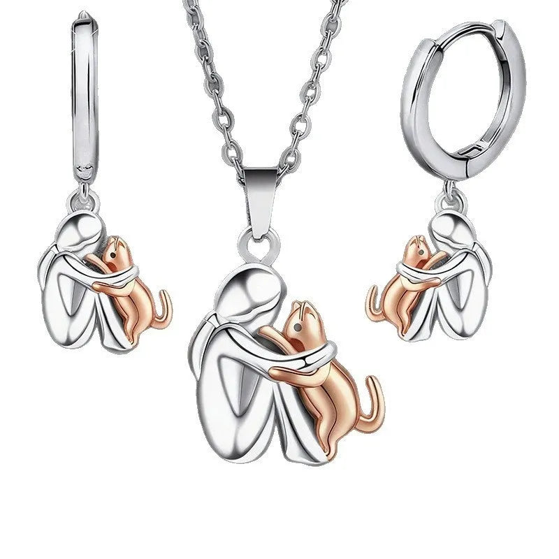 Little girl and dog hugging alloy earring set with O-ring chain necklace in colour option