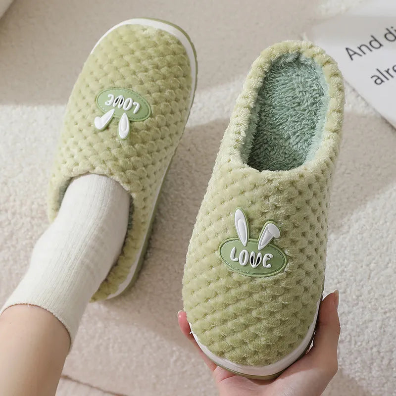 Women's plaid rabbit design artificial fur house slippers with a thick rubber sole, shown in multiple colour options.