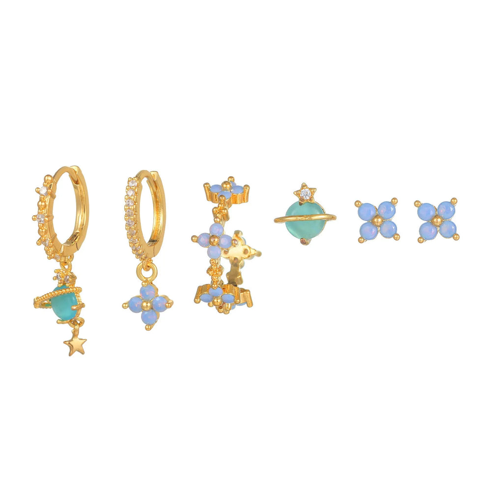 Japanese Korean sweet girl earrings with blue protein flower nail zircon mosaic design in gold or silver colour