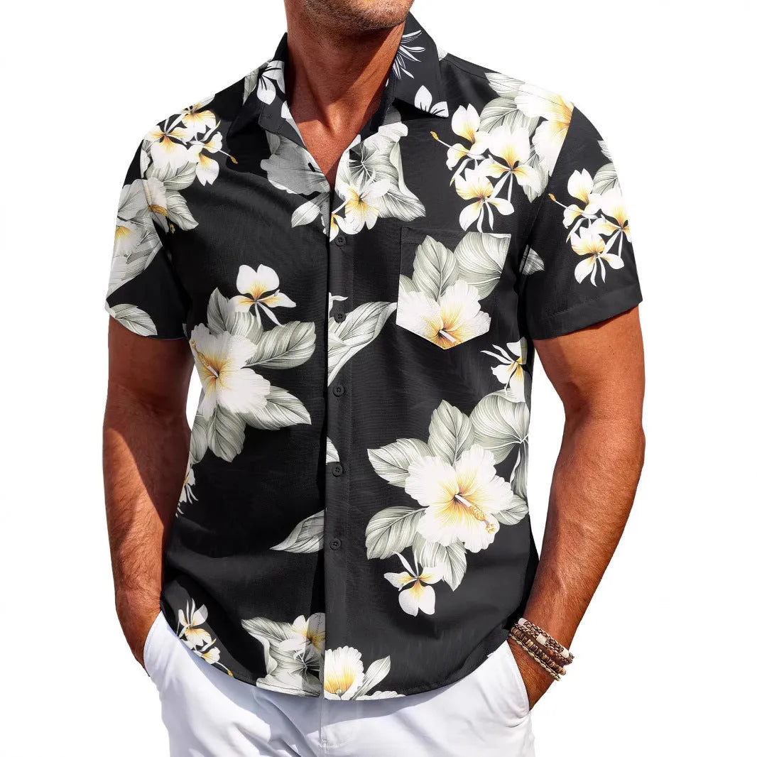 Men's slim fit cardigan style shirt with short sleeves in four-sided elastic polyester fabric