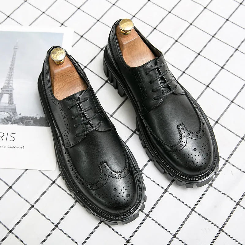 Men's black and brown brogue shoes with round toe design and artificial PU upper