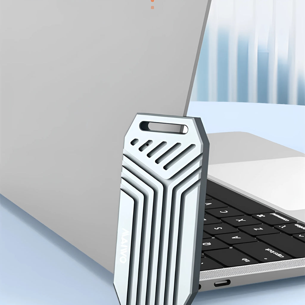 Thunderbolt 4 M2 SSD external enclosure in aluminium case showing compact dimensions and cooling fan option