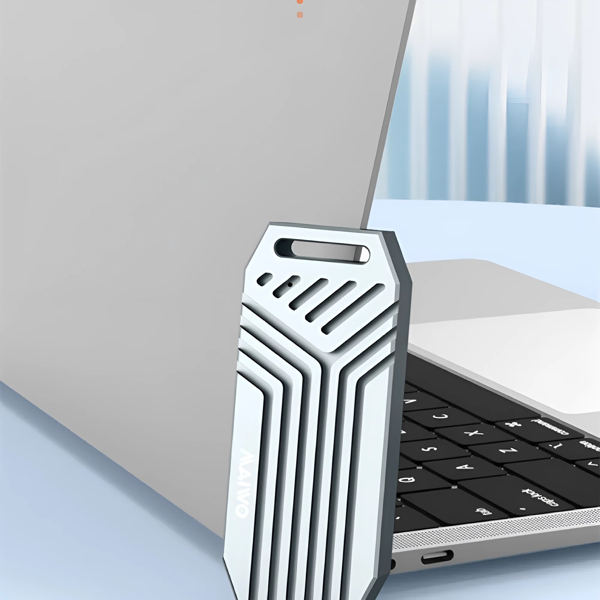Thunderbolt 4 M2 SSD external enclosure in aluminium case showing compact dimensions and cooling fan option
