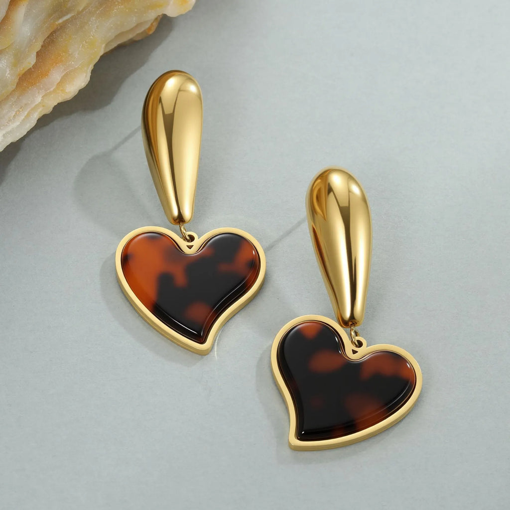 Women's stainless steel earrings with tortoiseshell resin hawksbill colour electroplating in heart and flower designs
