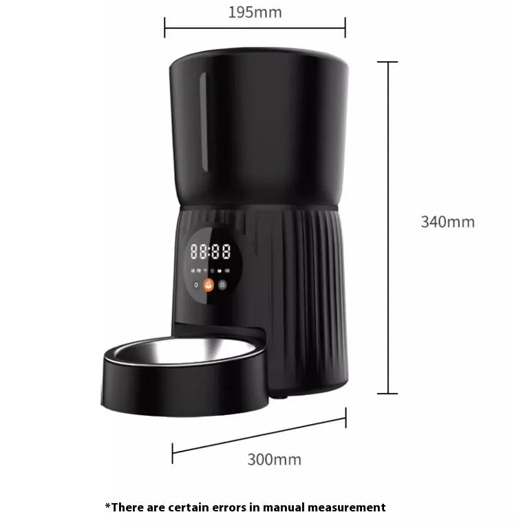 Black and white automatic pet feeder with digital display and food chamber for timed portion control