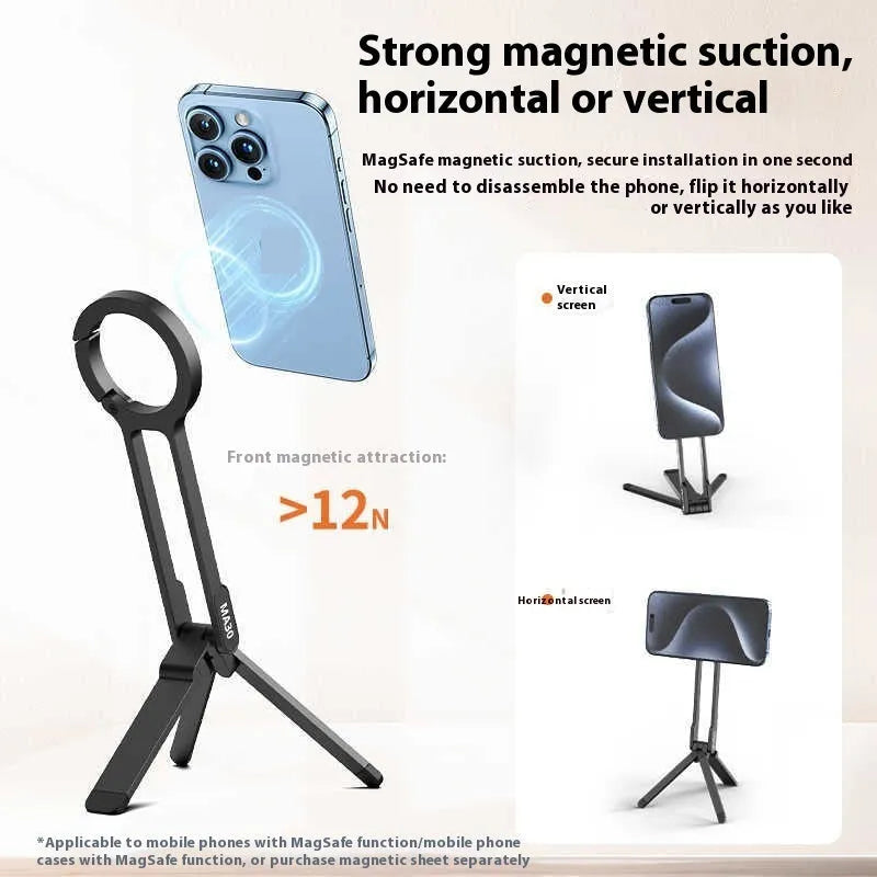 Portable photography climbing button carabiner mobile phone holder in black, aluminium alloy and silicone, compact storage 26x11.5x158mm