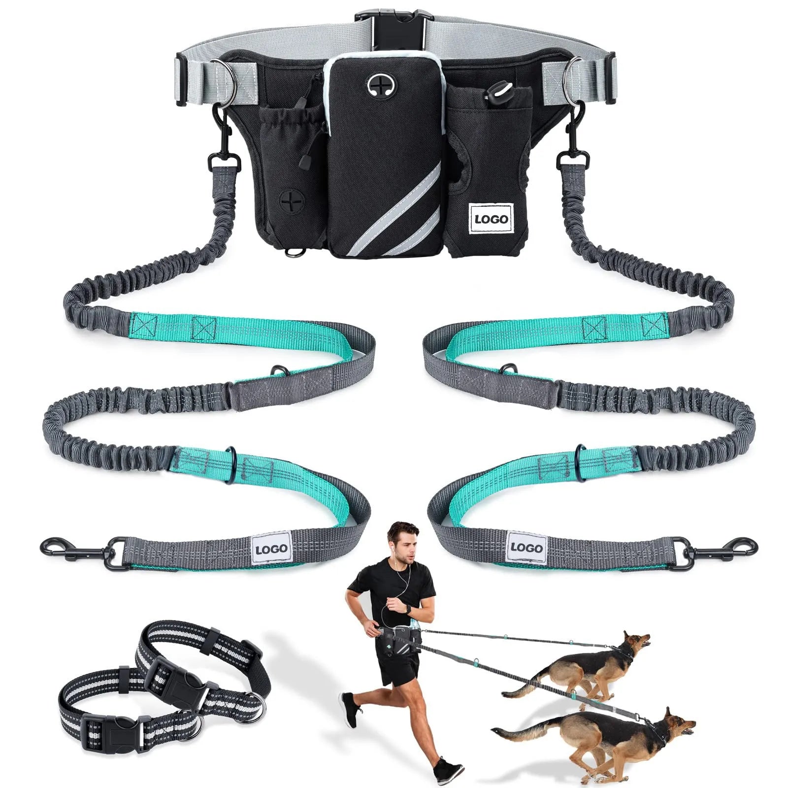 Black outdoor pet training waist bag with matching nylon leash and collar set for dog walking