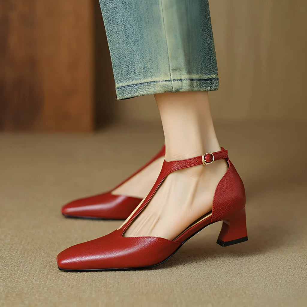 Red women's square toe chunky heel shoes with buckle, made from sheepskin leather.