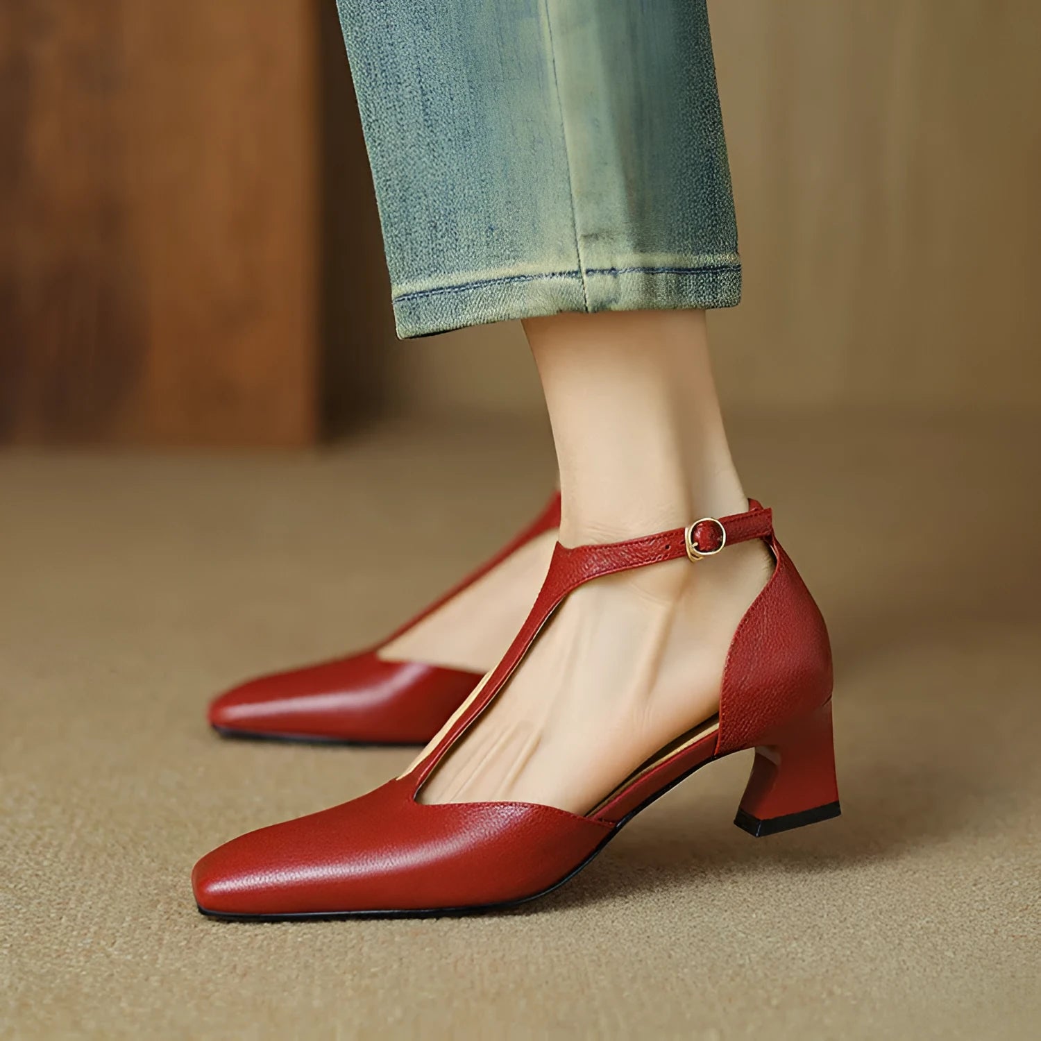Red women's square toe chunky heel shoes with buckle, made from sheepskin leather.