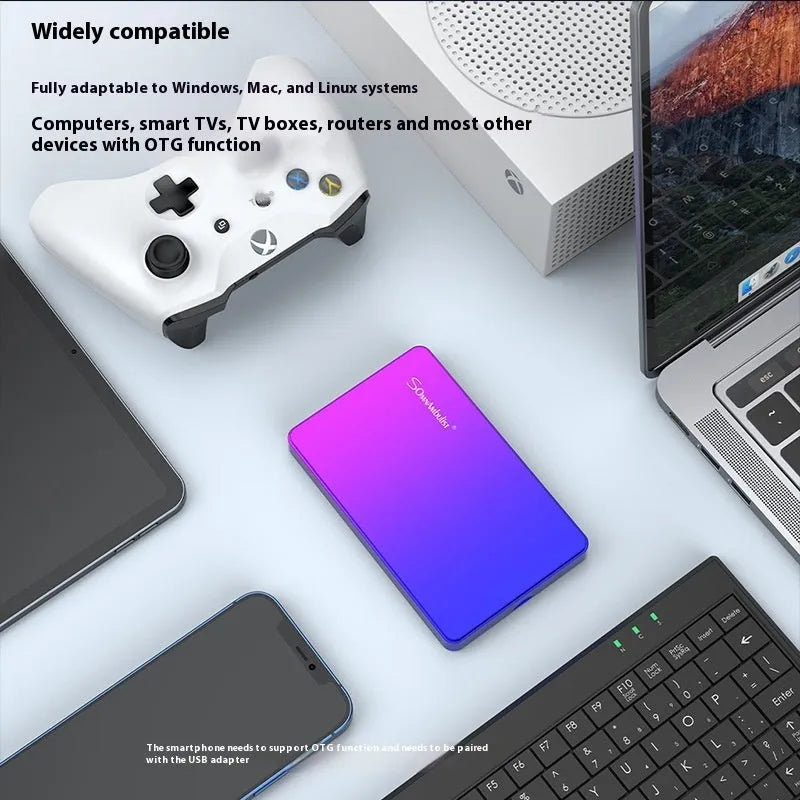 Purple plastic external hard disk with USB cable and leather bag packaging