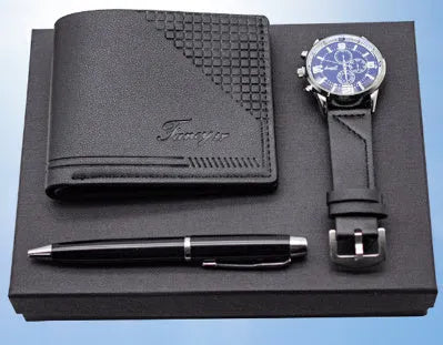 Creative holiday gift wallet pen watch set four-piece business promotional gifts black and brown options